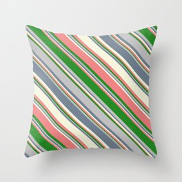 [ Thumbnail: Eye-catching Beige, Light Coral, Forest Green, Grey, and Slate Gray Colored Lined/Striped Pattern Throw Pillow ]
