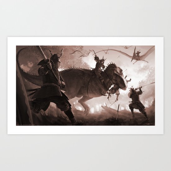T. rex vs Samurai Art Print