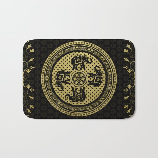 Indian Elephants Flourish Black Gold Bath Mat
