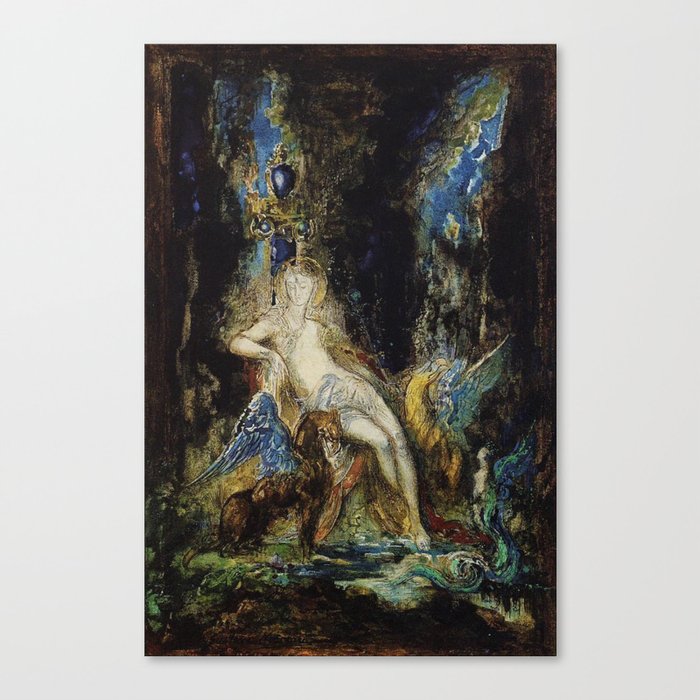 Seated woman with magical beasts painting Canvas Print