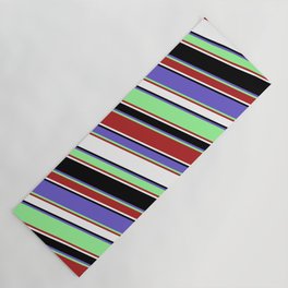[ Thumbnail: Vibrant Green, Red, White, Black & Slate Blue Colored Lined Pattern Yoga Mat ]