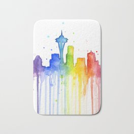 Seattle Skyline Rainbow Watercolor Bath Mat | Illustration, Architecture, Watercolor, Colorful, Rainbow, Pride, Ink, Watercolorseattle, Seattleskyline, Abstract 