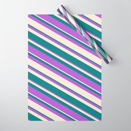 [ Thumbnail: Orchid, Beige & Teal Colored Lines Pattern Wrapping Paper ]