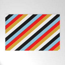 [ Thumbnail: Sky Blue, Red, Goldenrod, White & Black Colored Lines/Stripes Pattern Welcome Mat ]