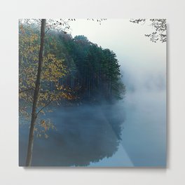 Gentle Morning Mist On Tranquil Forest Lake Metal Print