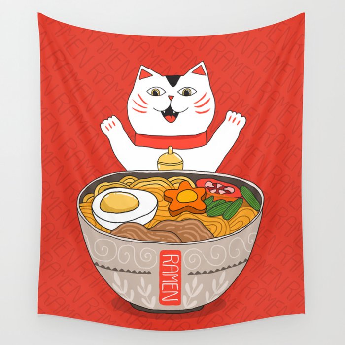 Liter of Ramen. Japanese soup and Manekineko cat. Wall Tapestry