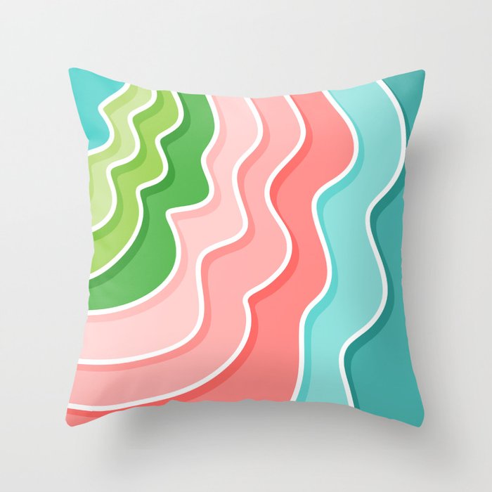 Modern Retro Abstract Color Block Waves / Turquoise Blue, Pink, Salmon, Coral, Green, White Throw Pillow