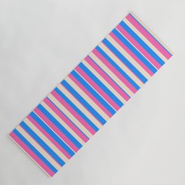 [ Thumbnail: Blue, Beige & Hot Pink Colored Pattern of Stripes Yoga Mat ]