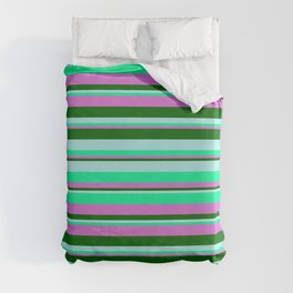 [ Thumbnail: Turquoise, Green, Orchid & Dark Green Colored Striped/Lined Pattern Duvet Cover ]
