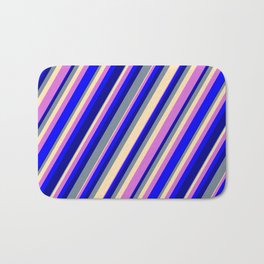[ Thumbnail: Light Slate Gray, Beige, Orchid, Blue & Dark Blue Colored Striped Pattern Bath Mat ]