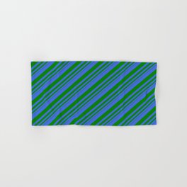 [ Thumbnail: Royal Blue and Green Colored Lines/Stripes Pattern Hand & Bath Towel ]