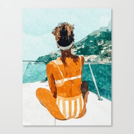 Solo Traveler, Watercolor Black Woman Painting, Travel Tropical Summer Illustration Canvas Print