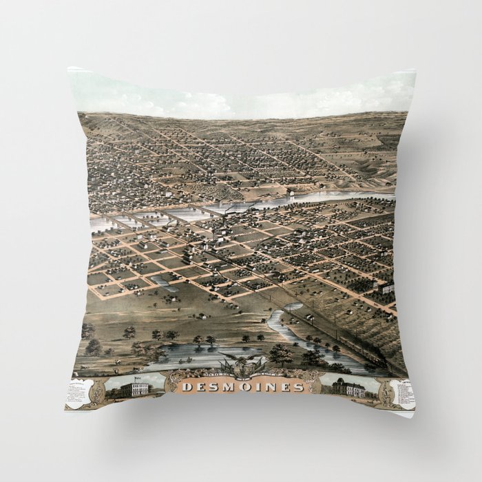 Bird's eye view of the city of Des Moines vintage pictorial map Throw Pillow