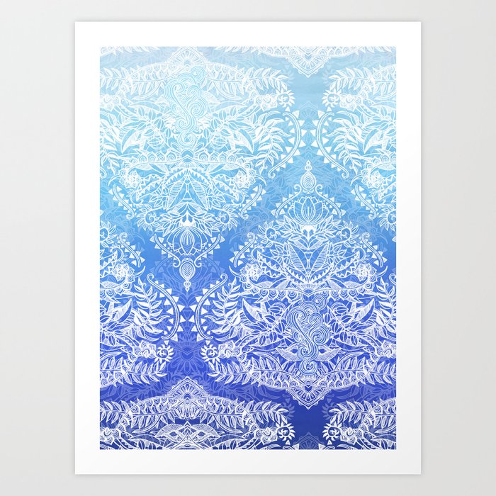 Out of the Blue - White Lace Doodle in Ombre Aqua and Cobalt Art Print