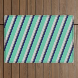 [ Thumbnail: Vibrant Midnight Blue, Aquamarine, Light Gray, Dim Gray, and Black Colored Pattern of Stripes Outdoor Rug ]