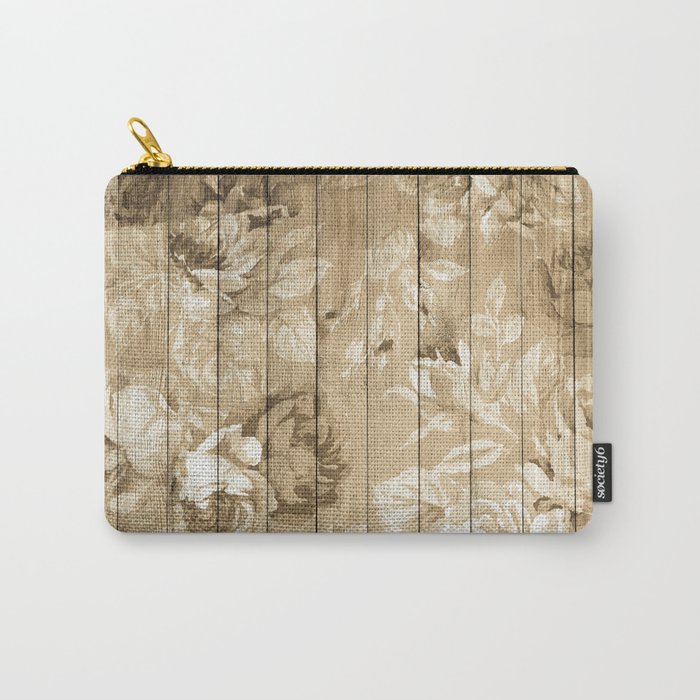 Shabby Chic Country Floral Peony Wood Carry-All Pouch
