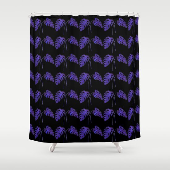 Indigo Monstera Leaf Watercolor on Black Shower Curtain