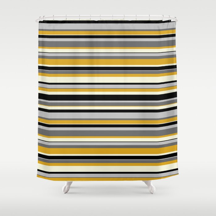 Eyecatching Dim Grey, Goldenrod, Beige, Black & Grey Colored Pattern of Stripes Shower Curtain