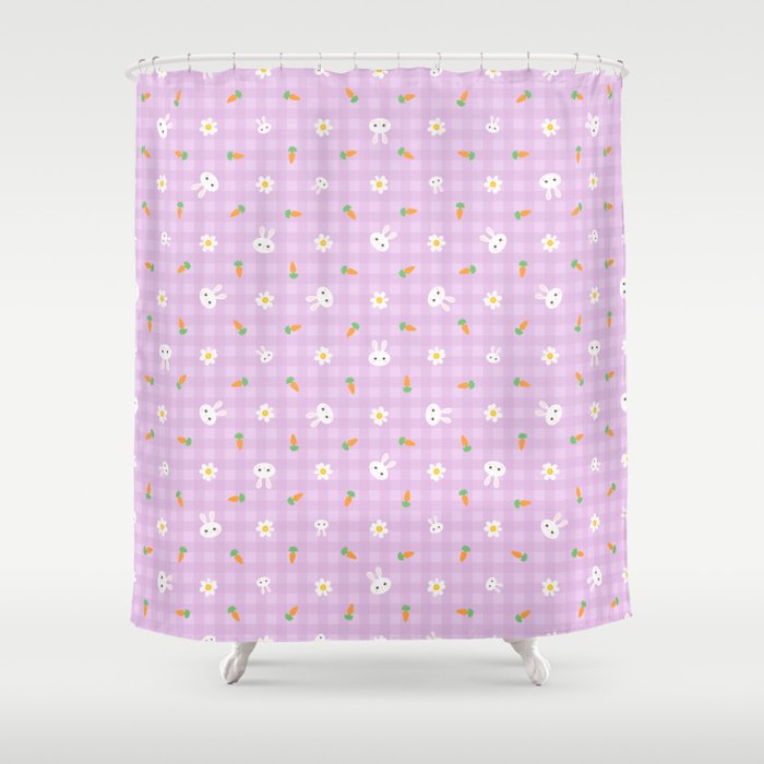 Bunnies, carrots & daisies (Pastel violet Gingham) Shower Curtain