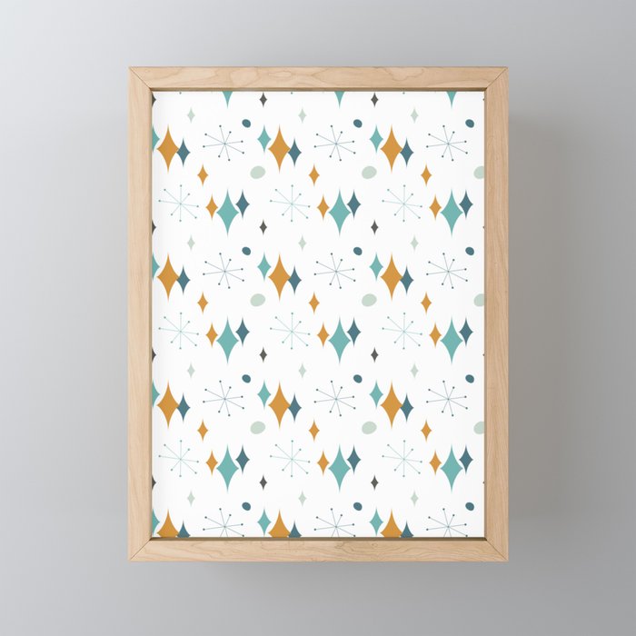 Retro Starburst Mid Century Modern Pattern in Orange, Teal and Aqua Framed Mini Art Print