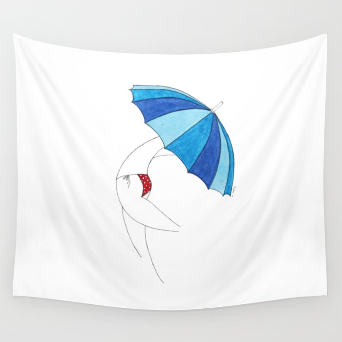 Beach Umbrella Girl n3 · light sky cobalt royal blue, red with white dots bikini, summer vibes Wall Tapestry