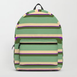 [ Thumbnail: Dark Olive Green, Dark Sea Green, Beige & Dark Violet Colored Lined/Striped Pattern Backpack ]