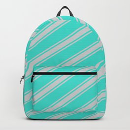 [ Thumbnail: Turquoise & Light Grey Colored Stripes Pattern Backpack ]