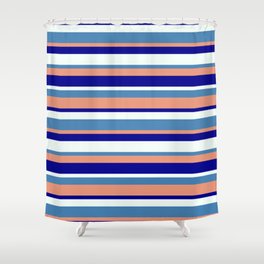 [ Thumbnail: Blue, Dark Salmon, Dark Blue & Mint Cream Colored Stripes Pattern Shower Curtain ]