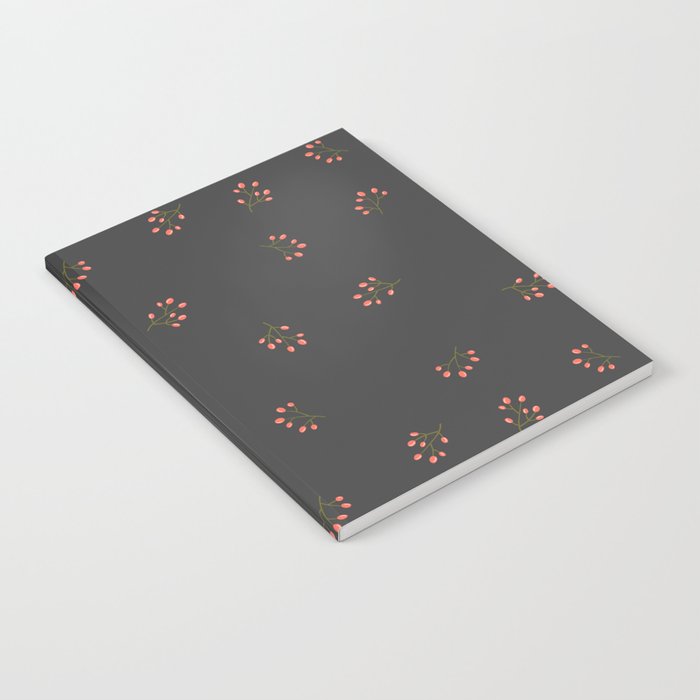 Branches With Red Berries Seamless Pattern on Dark Grey Background Notebook