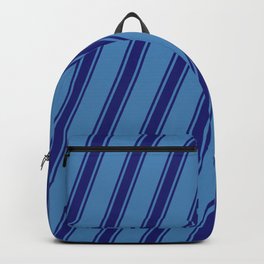 [ Thumbnail: Blue and Midnight Blue Colored Stripes Pattern Backpack ]