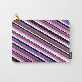 [ Thumbnail: Eye-catching Slate Blue, Brown, Violet, White & Black Colored Pattern of Stripes Carry-All Pouch ]