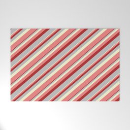 [ Thumbnail: Light Yellow, Light Coral, Red, and Grey Colored Lines/Stripes Pattern Welcome Mat ]