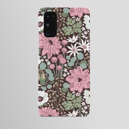 Boho garden // expresso brown background sage green cotton candy pink dry rose ivory and white flowers  Android Case