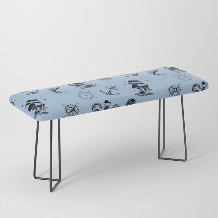 Pale Blue And Black Silhouettes Of Vintage Nautical Pattern Bench