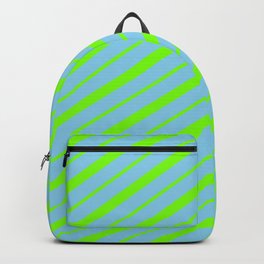 [ Thumbnail: Sky Blue & Green Colored Striped/Lined Pattern Backpack ]