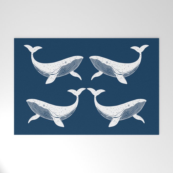 Whales Blue White Cyanotype Fish Welcome Mat