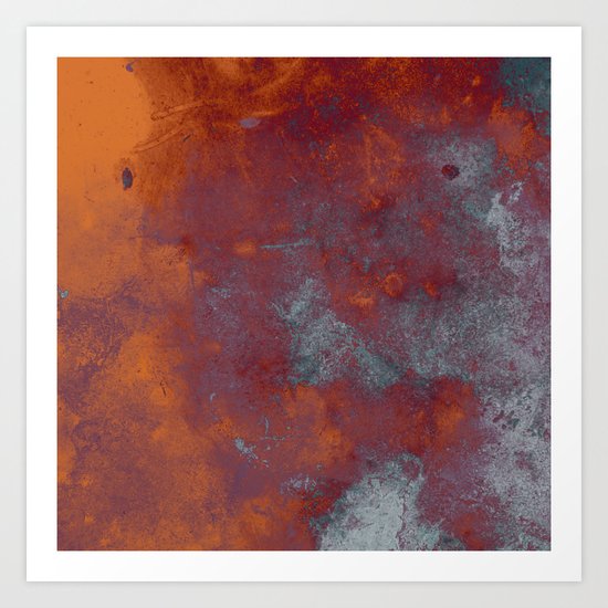 Cracked Amber - Textured abstract painting in amber and blue Art Print