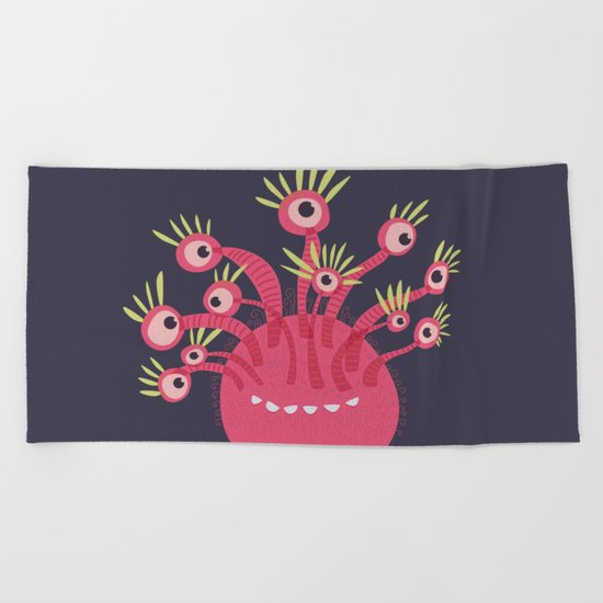 Funny Pink Monster With Eleven Eyes Beach Towel