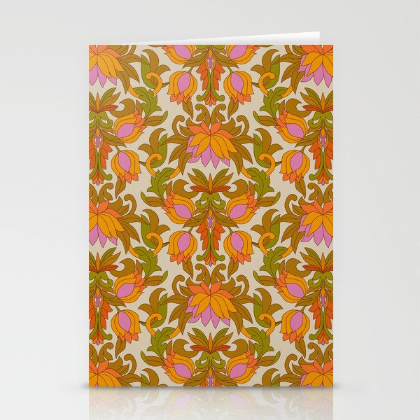 Orange, Pink Flowers and Green Leaves 1960s Retro Vintage Pattern Stationery Cards