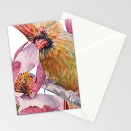 Cardinal et fleurs de Magnolia portrait à l'aquarelle de Marussa Art et Nature Stationery Cards