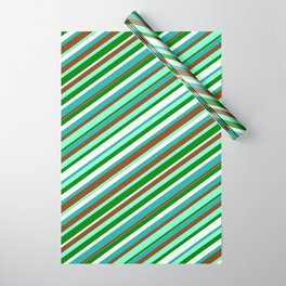 [ Thumbnail: Colorful Light Sea Green, Brown, Aquamarine, Green & Mint Cream Colored Lined/Striped Pattern Wrapping Paper ]