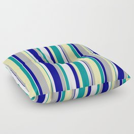 [ Thumbnail: Eye-catching Dark Cyan, Pale Goldenrod, Dark Grey, Blue, and White Colored Lines Pattern Floor Pillow ]