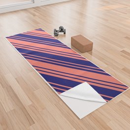 [ Thumbnail: Salmon & Midnight Blue Colored Stripes/Lines Pattern Yoga Towel ]