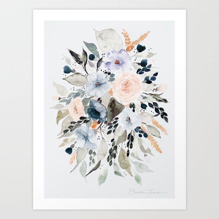 Loose Blue and Peach Floral Watercolor Bouquet  Art Print