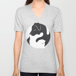 Yin Yang Dog Cat Couple Matching Cartoon Shirt Men Womens V Neck T Shirt