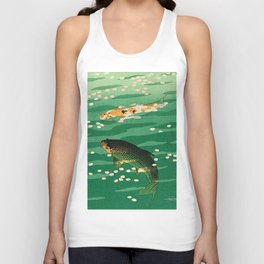 Vintage Japanese Woodblock Print Asian Art Koi Pond Fish Turquoise Green Water Cherry Blossom Tank Top