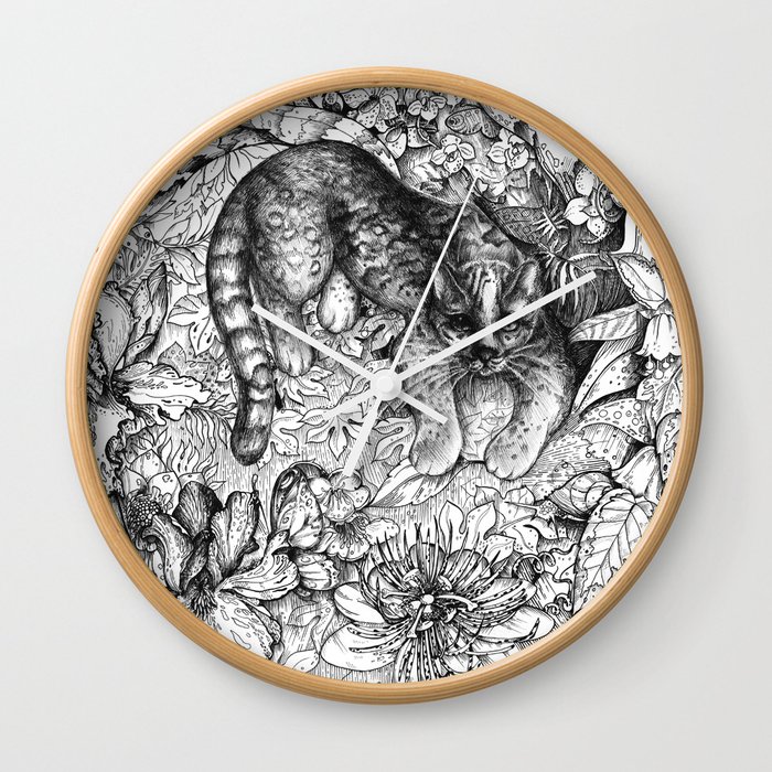 Tropical Wild Cat with Passiflora Wall Clock