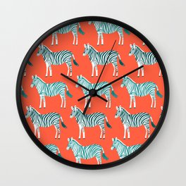 Zebra Parade Pattern Flame Teal Wall Clock | Animal, Safari, Illustration, Zebras, Cute, Curated, Pony, Circus, Redorange, Colorful 