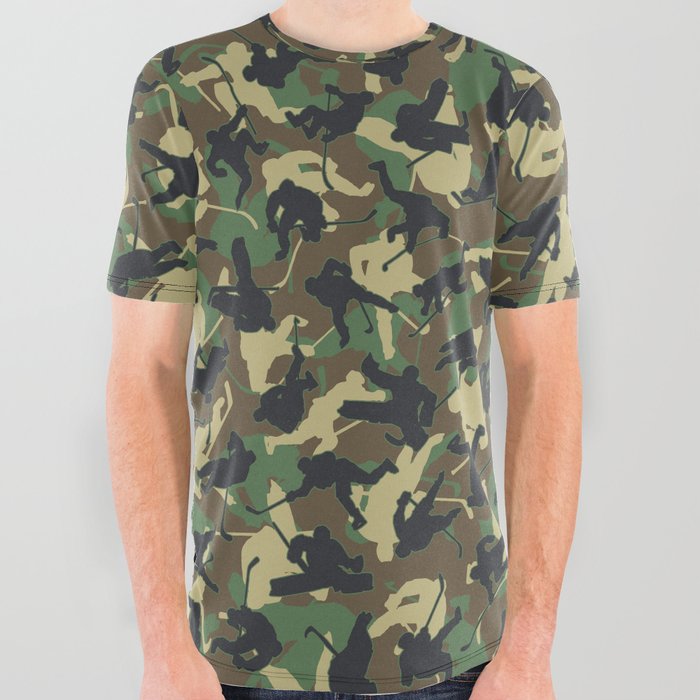 Ice Hockey Player Camo Woodland Forest Camouflage Pattern All Over Graphic Tee