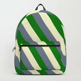 [ Thumbnail: Light Yellow, Slate Gray, and Green Colored Lined Pattern Backpack ]